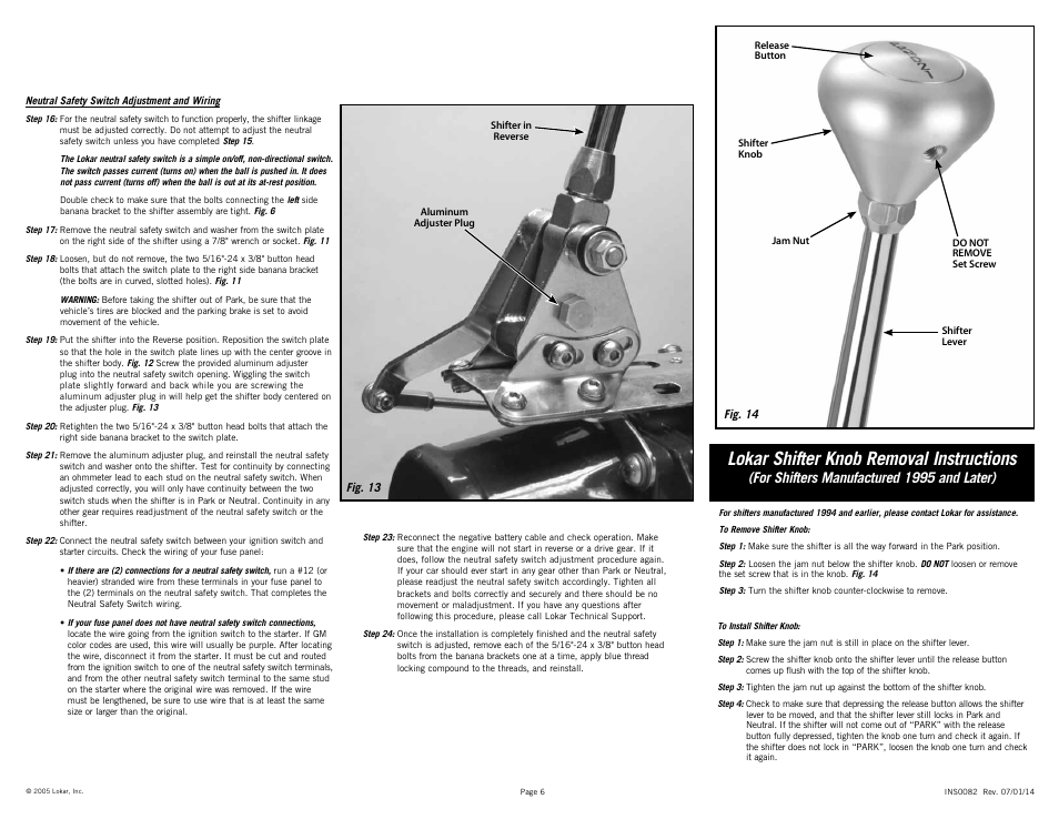 Lokar shifter knob removal instructions, For shifters manufactured 1995 and later) | Lokar Automatic Trans Mount Shifter Ford C4 User Manual | Page 6 / 6