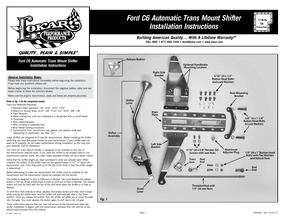 Lokar Automatic Trans Mount Shifter Ford C6 User Manual | 6 pages