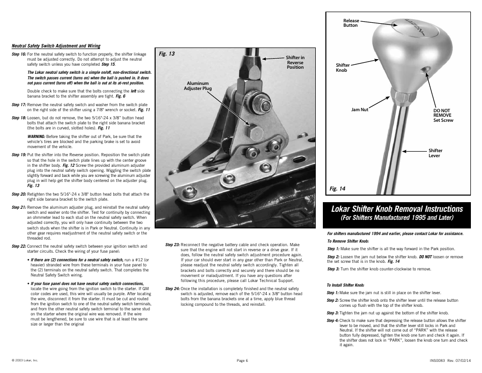Lokar shifter knob removal instructions, For shifters manufactured 1995 and later) | Lokar Automatic Trans Mount Shifter Ford C6 User Manual | Page 6 / 6