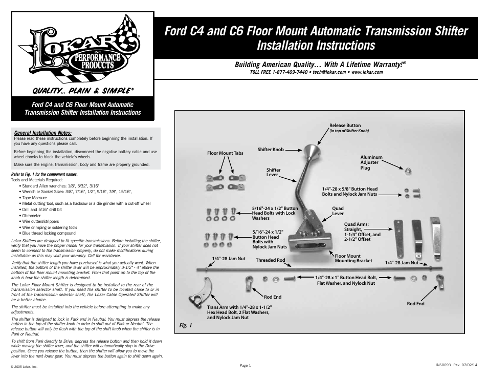 Lokar Automatic Transmission Shifter Ford C4 and C6 Floor User Manual | 6 pages