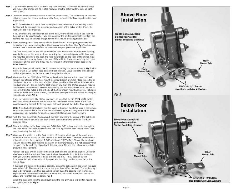 Above floor installation below floor installation | Lokar Automatic Transmission Shifter Ford C4 and C6 Floor User Manual | Page 2 / 6