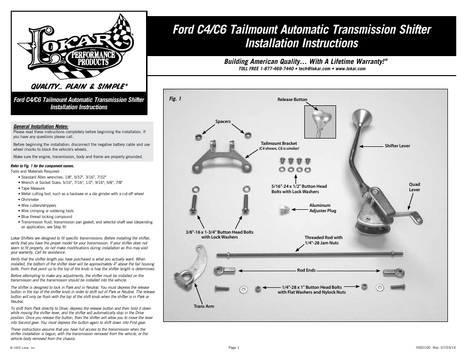 Lokar Automatic Transmission Shifter Ford C4/C6 Tailmount User Manual | 6 pages