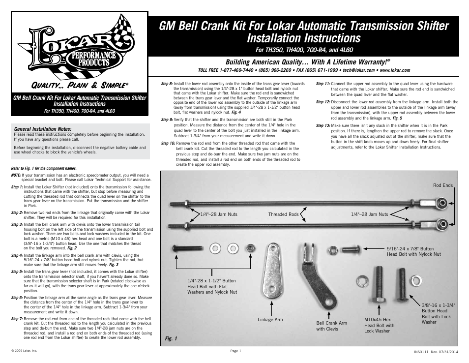 Lokar Automatic Transmission Shifter GM Bell Crank Kit For Lokar User Manual | 2 pages