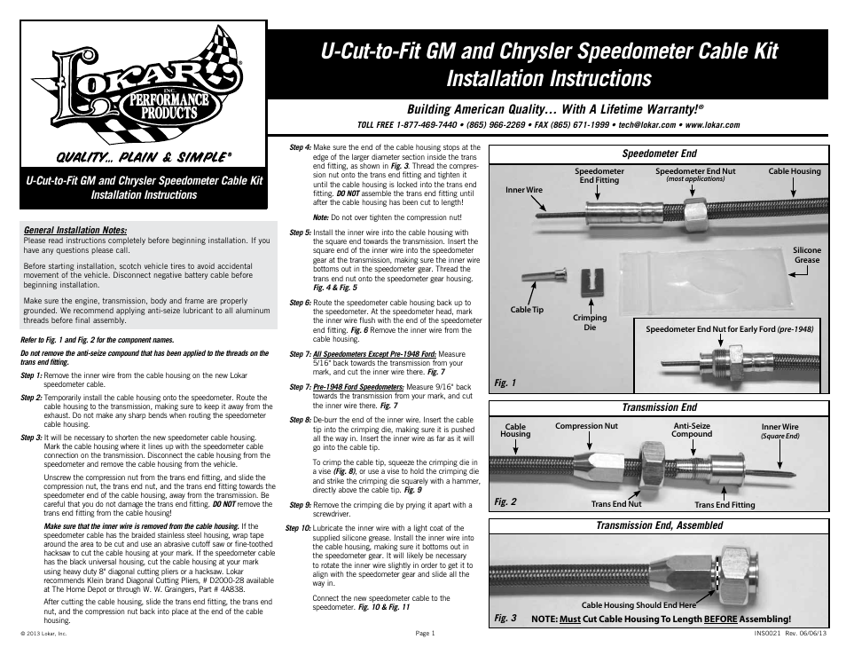 Lokar U-Cut-to-Fit GM and Chrysler Speedometer Cable Kit User Manual | 2 pages