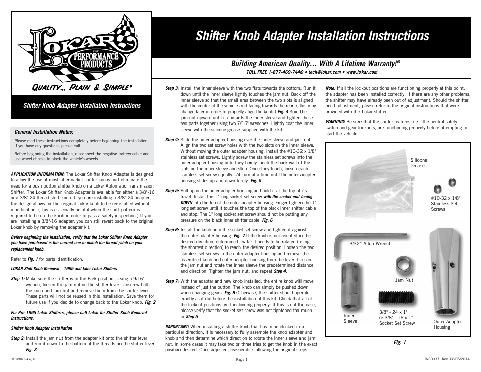 Lokar Shifter Knob Adapter User Manual | 2 pages