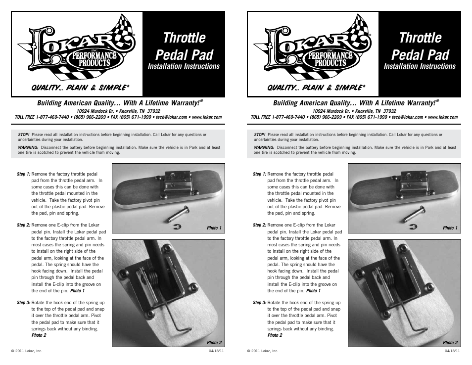 Lokar Throttle Pedal Pad User Manual | 1 page