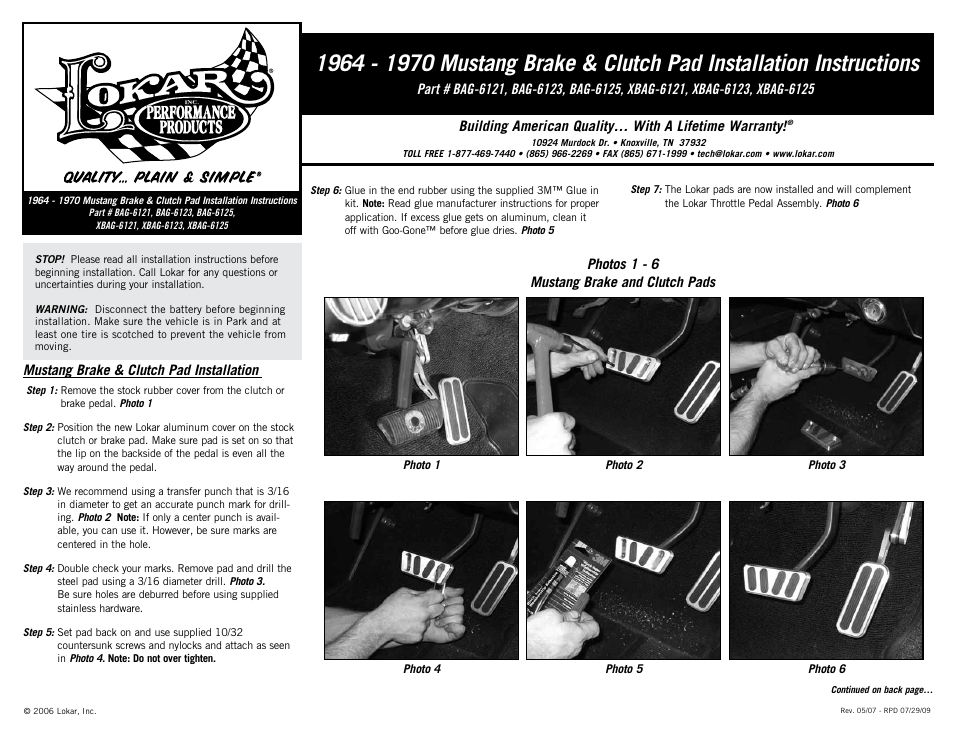 Lokar Brake & Clutch Pad For 1964 - 1970 Mustang User Manual | 2 pages