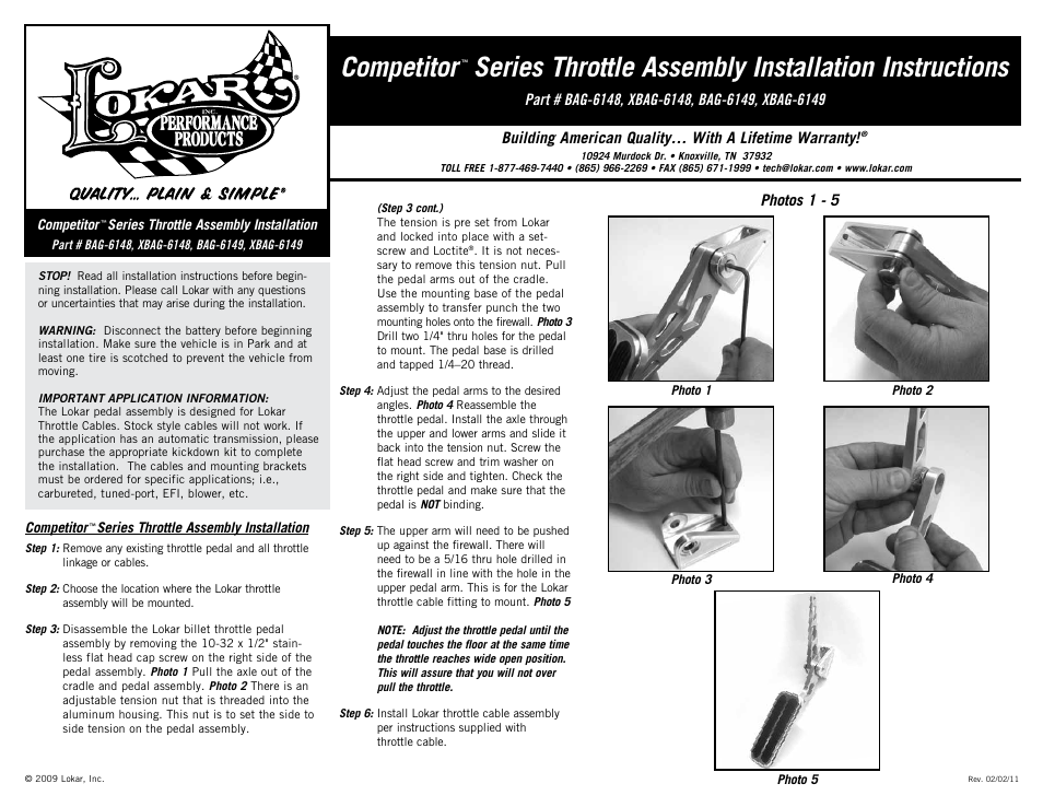 Lokar Competitor Series Throttle Assembly User Manual | 1 page