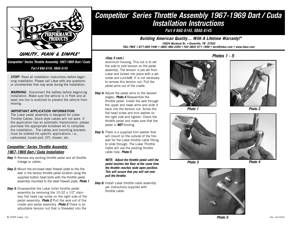 Lokar Competitor Series Throttle Assembly 1967-1969 Dart / Cuda User Manual | 1 page