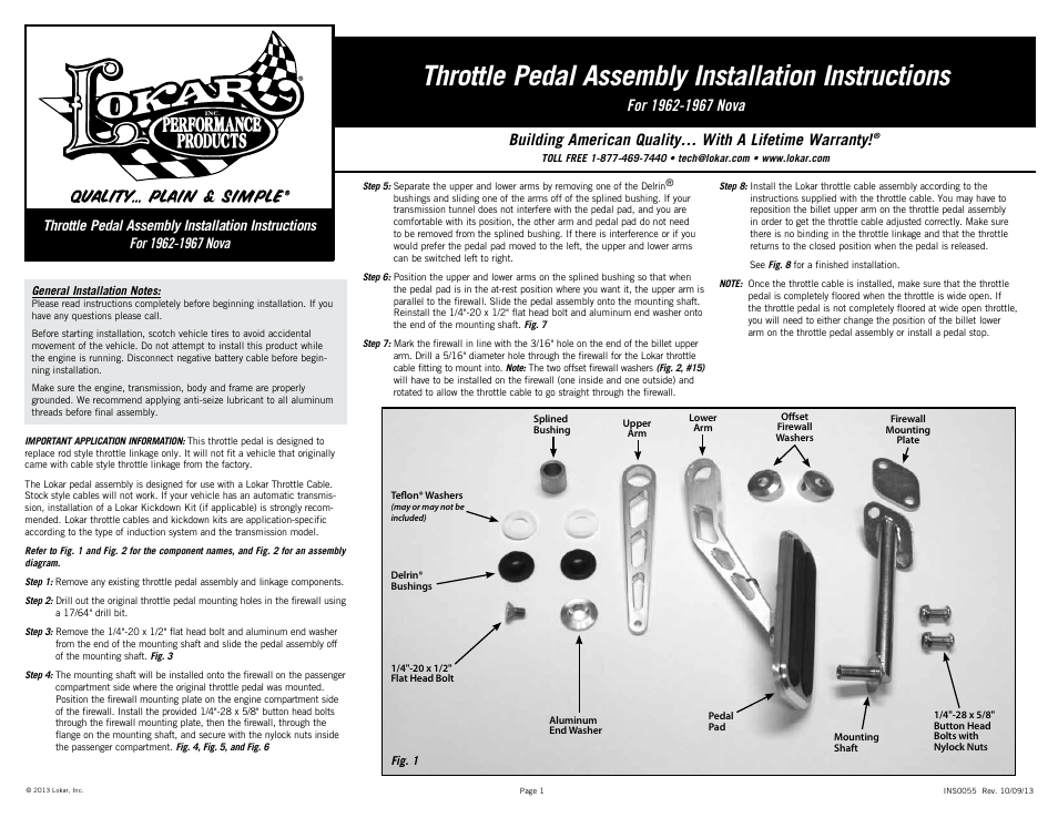 Lokar Throttle Pedal Assembly For 1962-1967 Novа User Manual | 2 pages