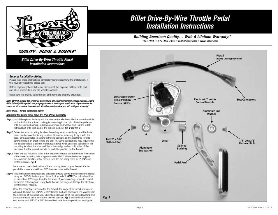 Lokar Billet Drive-By-Wire Throttle Pedal User Manual | 4 pages