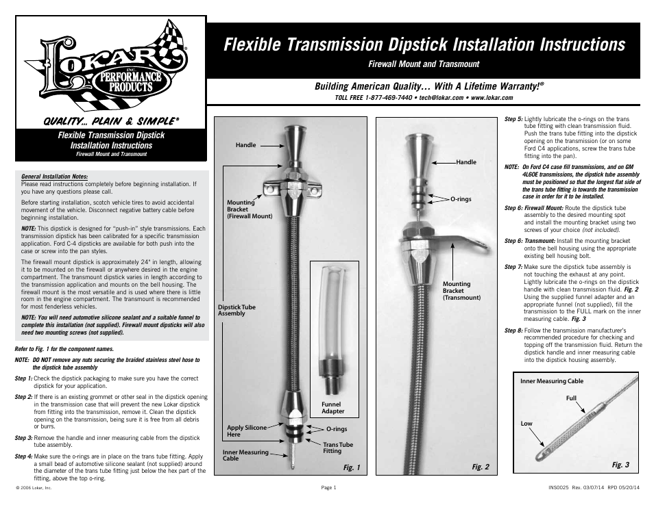 Lokar Flexible Transmission Dipstick User Manual | 1 page