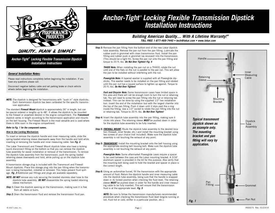 Lokar Anchor-Tight Locking Flexible Transmission Dipstick User Manual | 2 pages