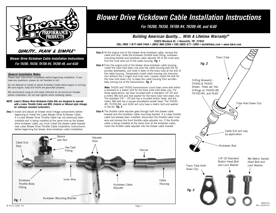 Lokar Blower Drive Kickdown Cable User Manual | 2 pages