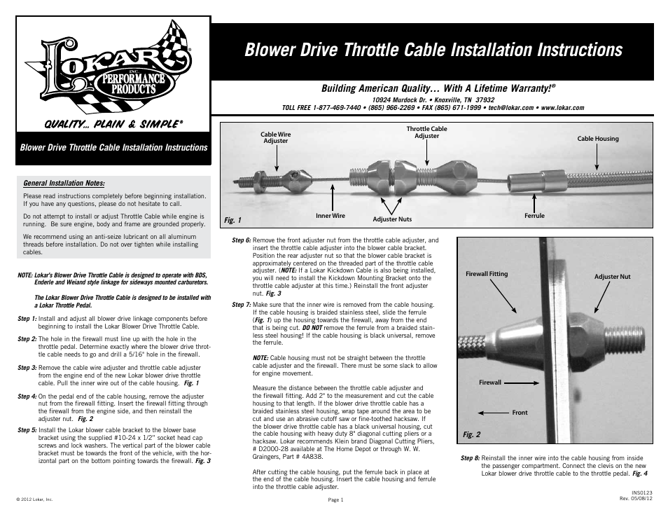 Lokar Blower Drive Throttle Cable User Manual | 2 pages