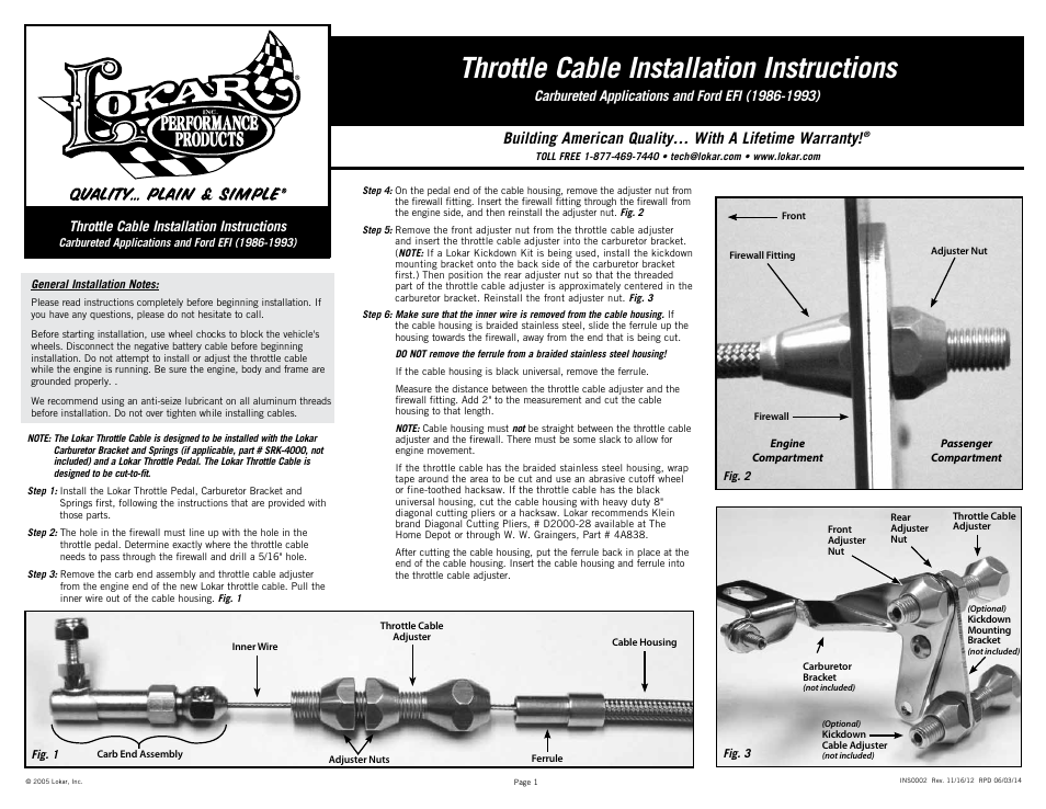 Lokar Throttle Cable Carbureted Applications and Ford EFI (1986-1993) User Manual | 2 pages