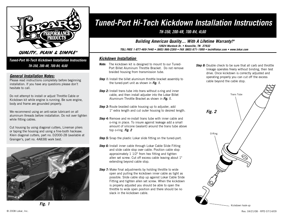 Lokar Tuned-Port Hi-Tech Kickdown User Manual | 1 page