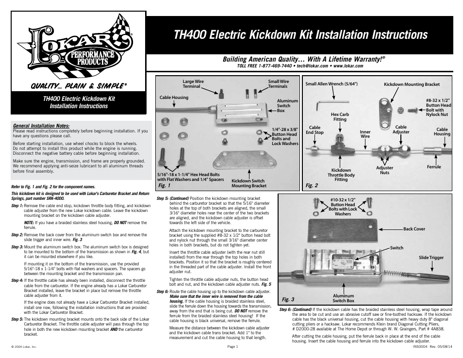Lokar Electric Kickdown Kit TH400 User Manual | 2 pages