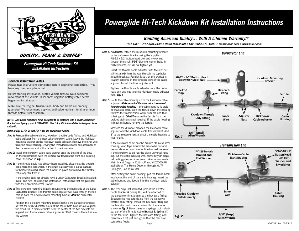 Lokar Powerglide Hi-Tech Kickdown Kit User Manual | 2 pages