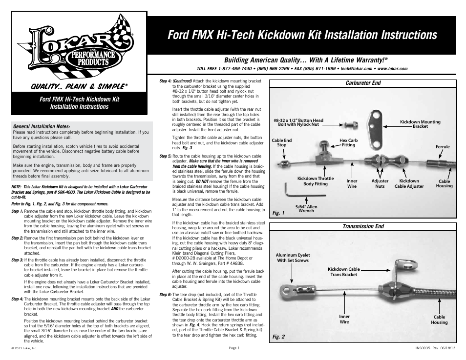Lokar Ford FMX Hi-Tech Kickdown Kit User Manual | 2 pages