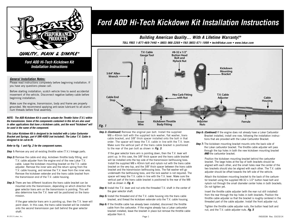 Lokar Ford AOD Hi-Tech Kickdown Kit User Manual | 4 pages