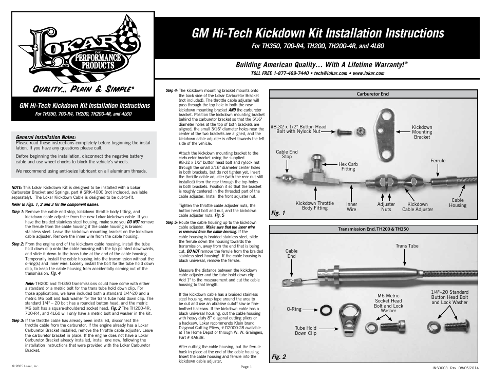 Lokar GM Hi-Tech Kickdown Kit User Manual | 2 pages