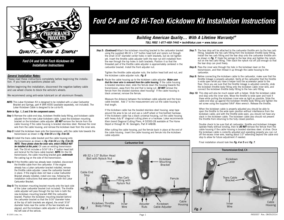 Lokar Ford C4 and C6 Hi-Tech Kickdown Kit User Manual | 2 pages