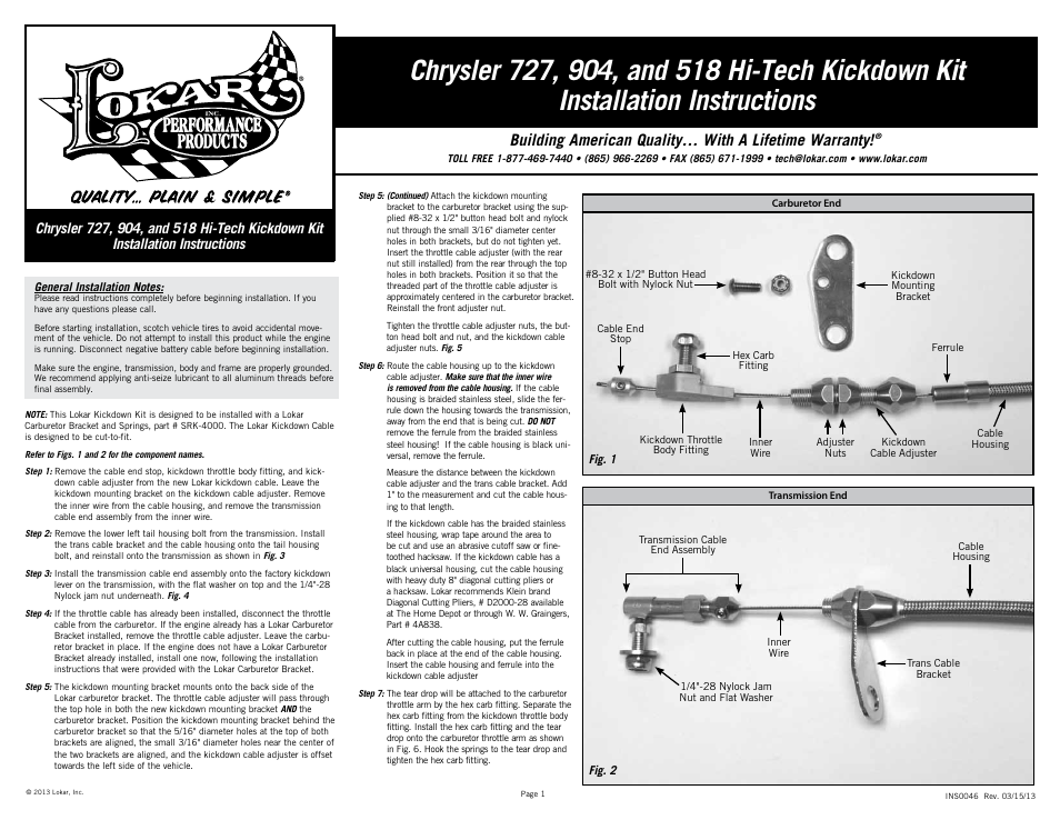 Lokar Chrysler 727, 904, and 518 Hi-Tech Kickdown Kit User Manual | 2 pages