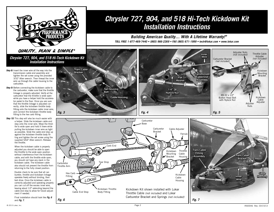 Lokar Chrysler 727, 904, and 518 Hi-Tech Kickdown Kit User Manual | Page 2 / 2