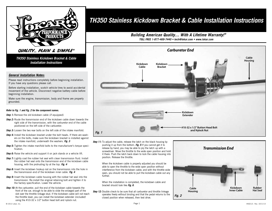 Lokar Stainless Kickdown Bracket & Cable TH350 User Manual | 2 pages