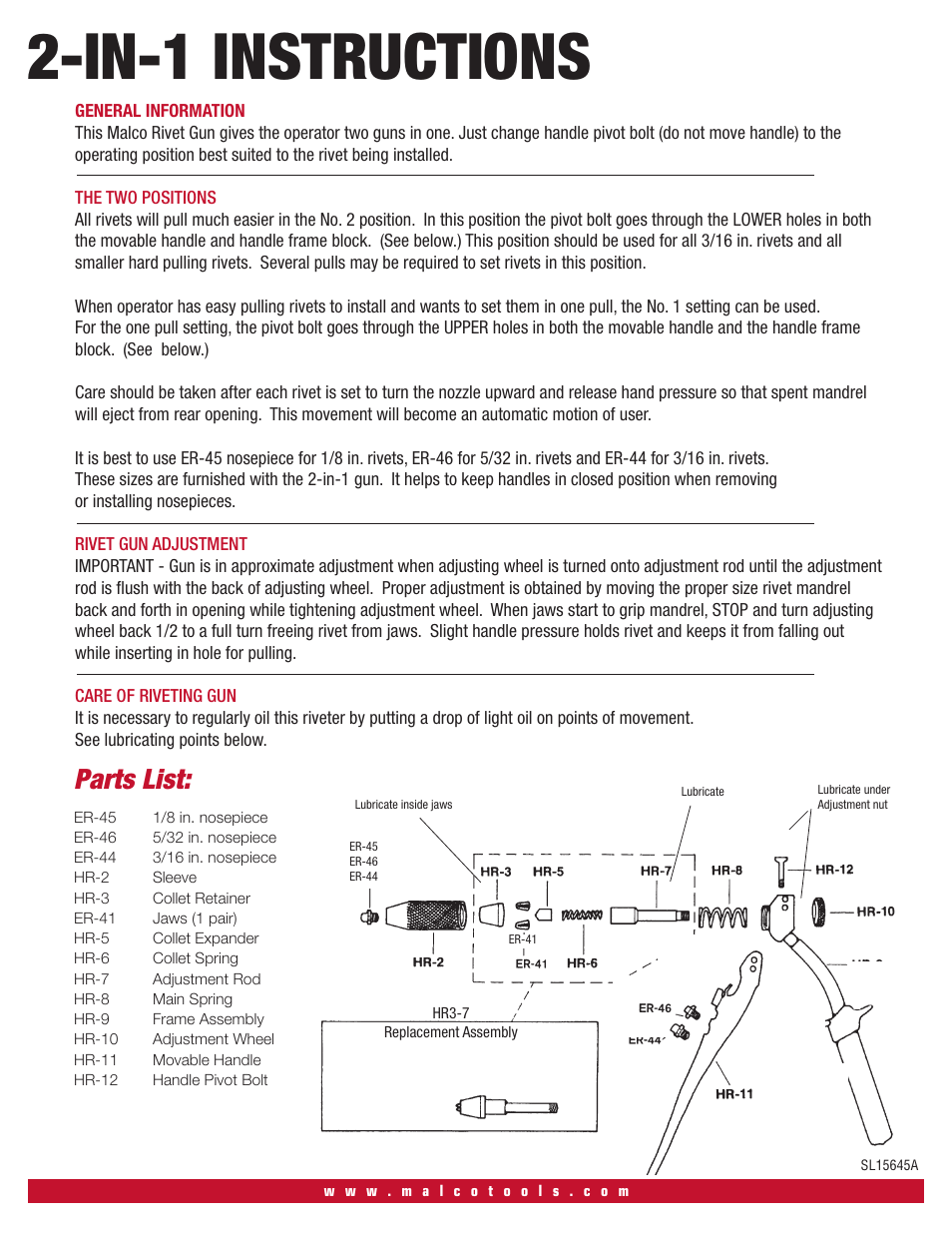 Malco 2IN1 Hand Riveter User Manual | 1 page
