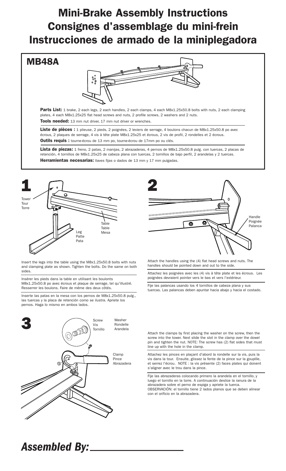 Assembled by, Mb48a | Malco MB48A Mini Brake: Portable User Manual | Page 2 / 2