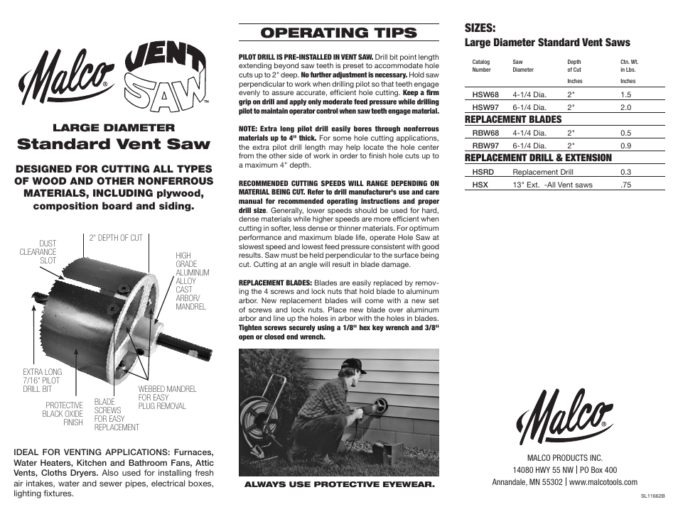 Malco Vent Saw User Manual | 1 page