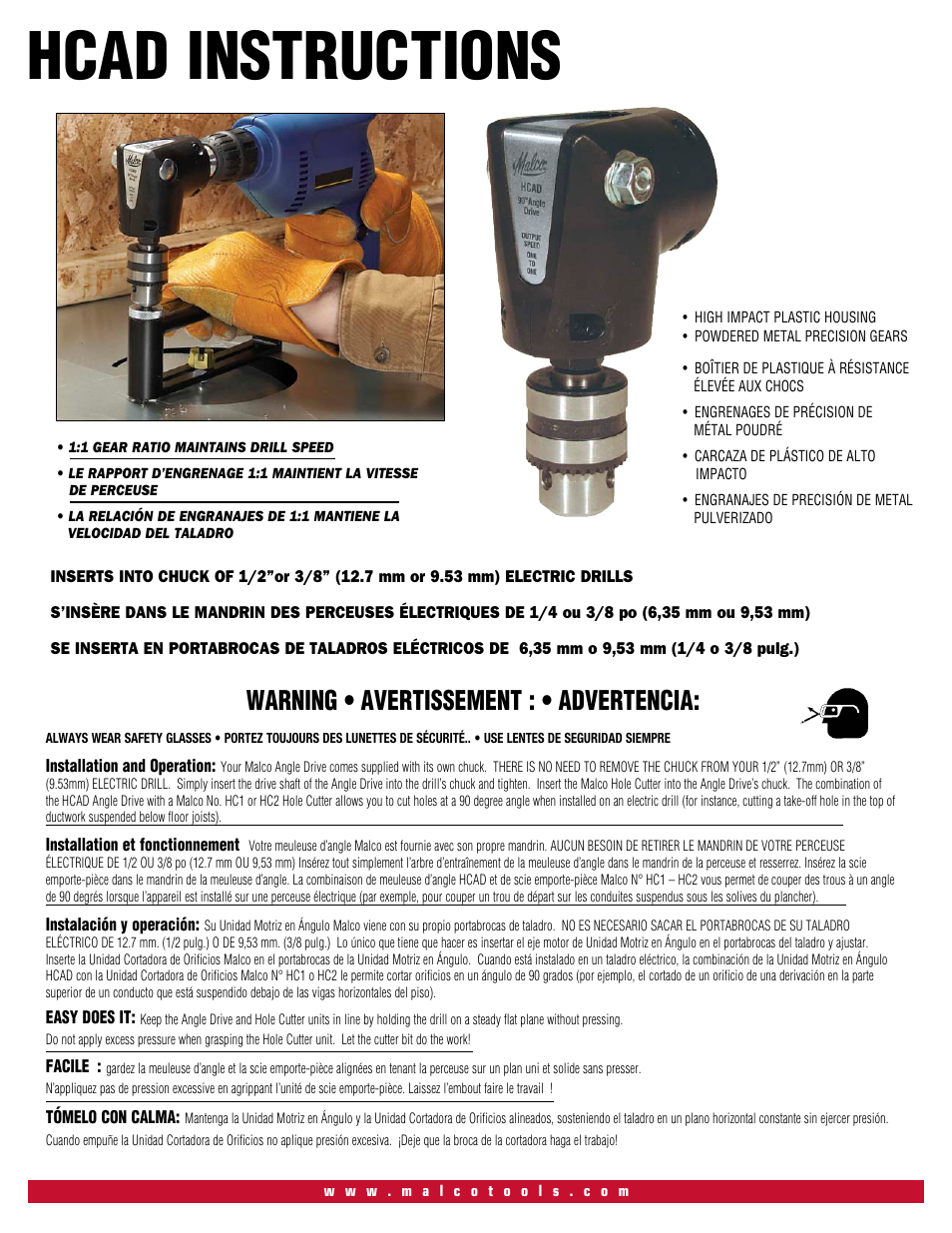 Malco HCAD Angle Drive Accessory User Manual | 1 page