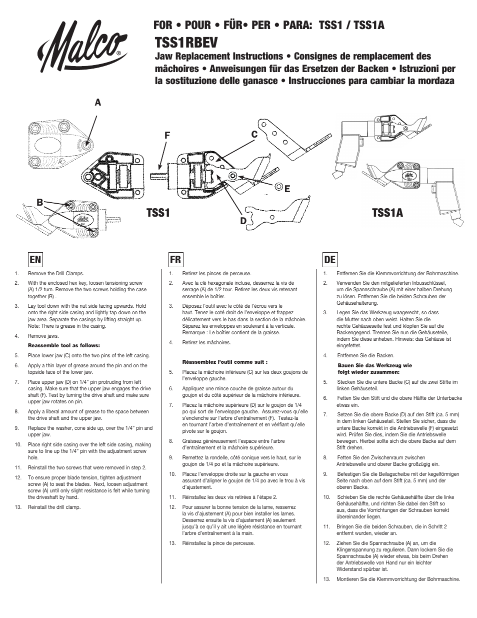 Malco TSS1A Replacement blade User Manual | 2 pages