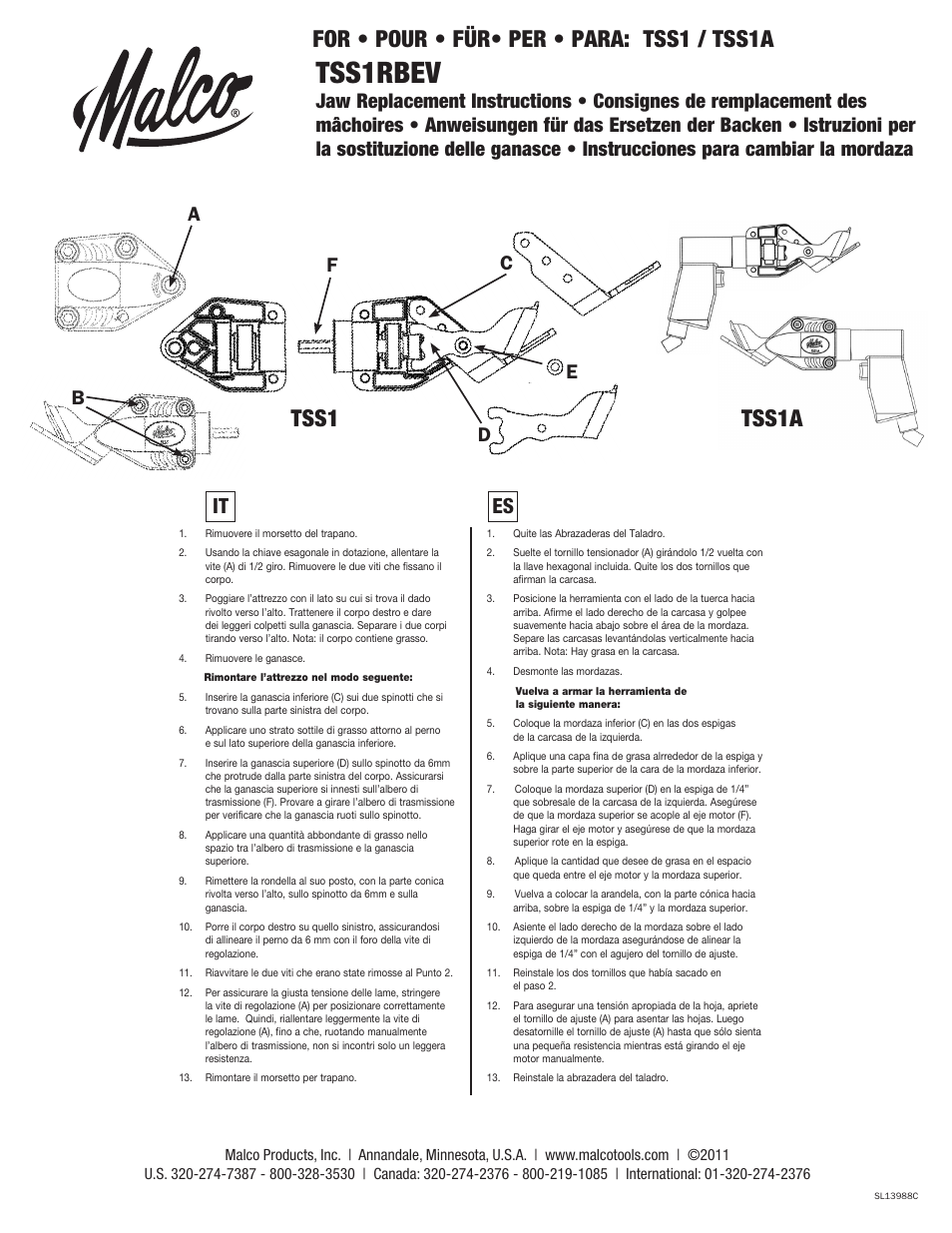 Tss1rbev, Tss1a tss1, For • pour • für• per • para: tss1 / tss1a | It es | Malco TSS1A Replacement blade User Manual | Page 2 / 2