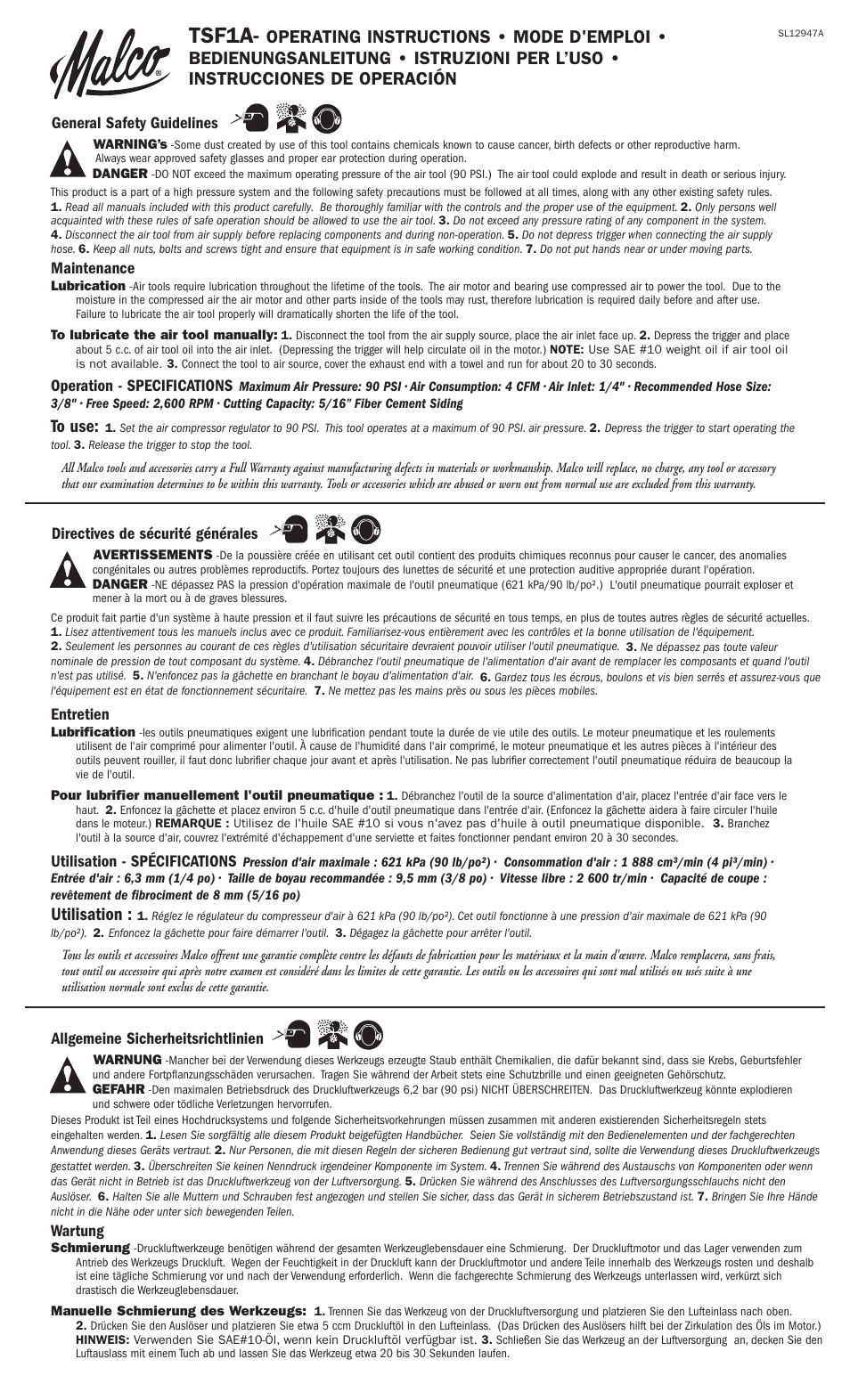 Malco TSF1A TurboShear - Fiber Cement Siding User Manual | 2 pages