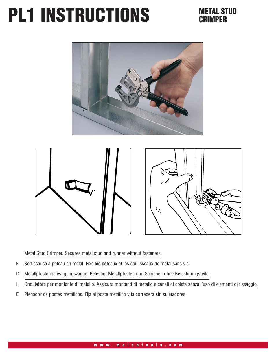 Malco PL-1 Punch Lock Stud Crimper - Redline User Manual | 1 page