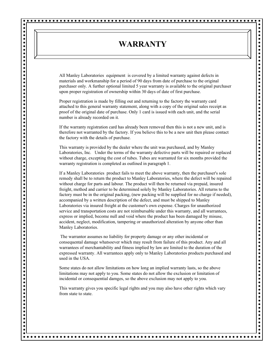 Warranty | Manley MONO & DUAL MONO MICROPHONE PREAMPLIFIERS User Manual | Page 14 / 15