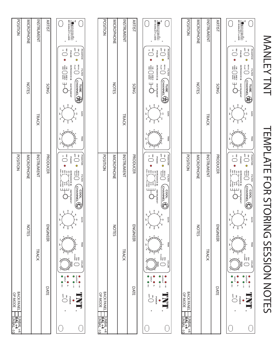 Manle y tnt templ ate for st oring session no tes, Ba ck p anel op mode, Unb al -10 b al +4 unb al +4 | Manley TNT MICROPHONE PREAMPLIFIER User Manual | Page 26 / 26