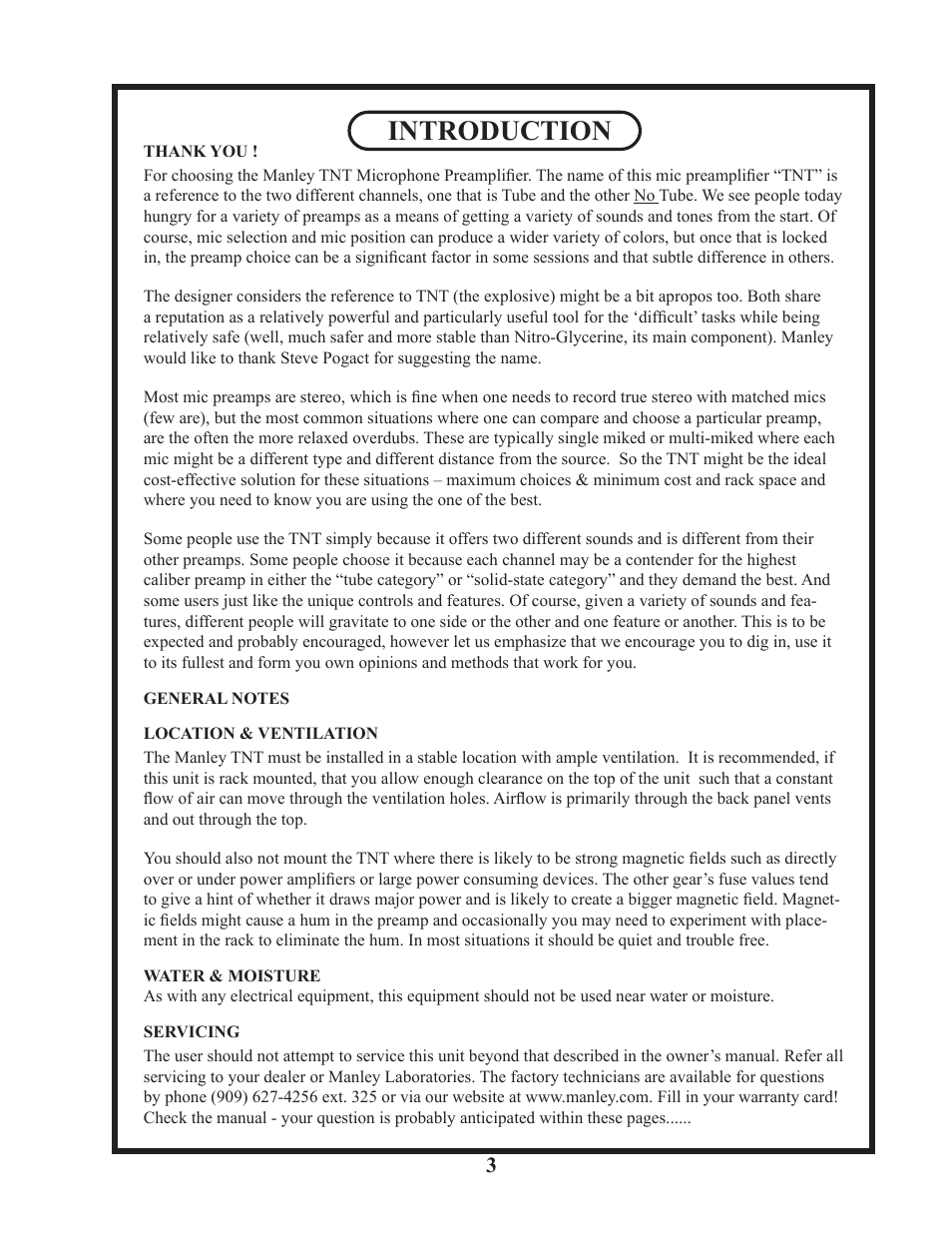 Introduction | Manley TNT MICROPHONE PREAMPLIFIER User Manual | Page 3 / 26