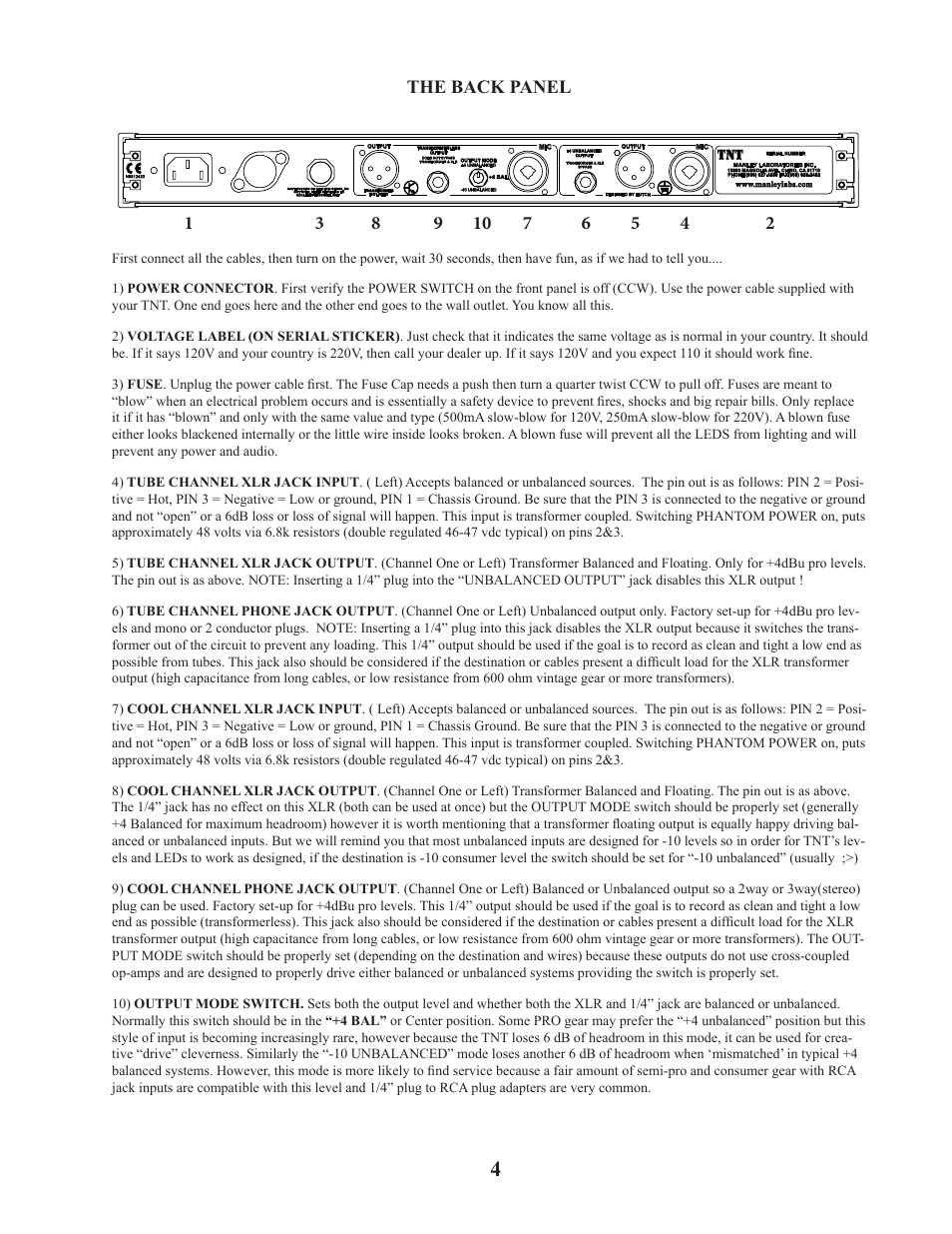 The back panel | Manley TNT MICROPHONE PREAMPLIFIER User Manual | Page 4 / 26