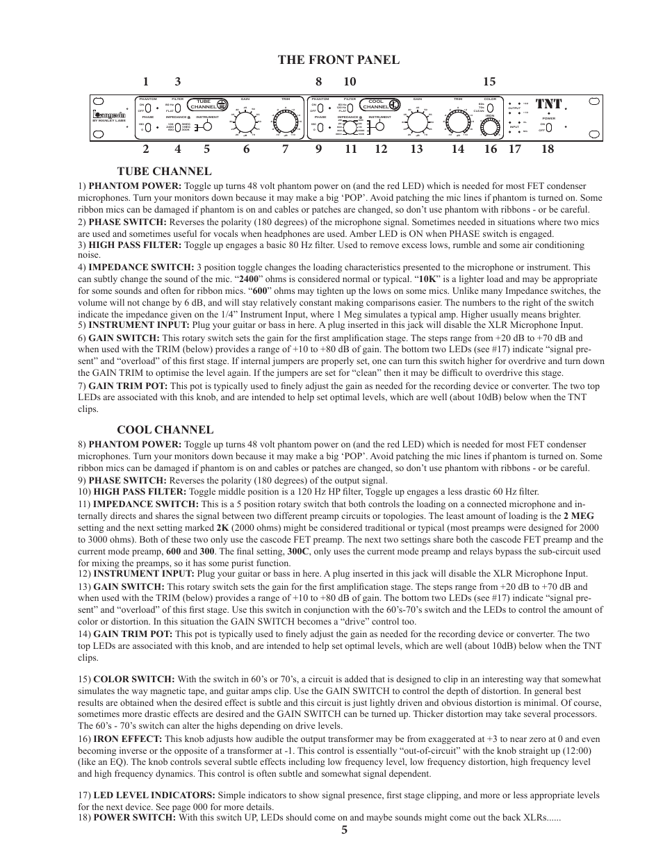 Tube channel, Cool channel | Manley TNT MICROPHONE PREAMPLIFIER User Manual | Page 5 / 26