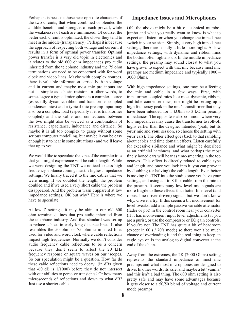 Impedance issues and microphones | Manley TNT MICROPHONE PREAMPLIFIER User Manual | Page 8 / 26