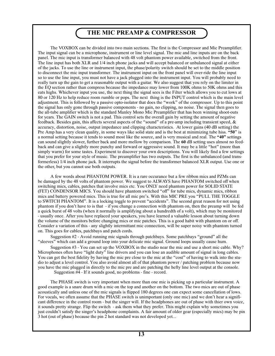 The mic preamp & compressor | Manley VOXBOX - MVBXA 4/2003 User Manual | Page 13 / 26