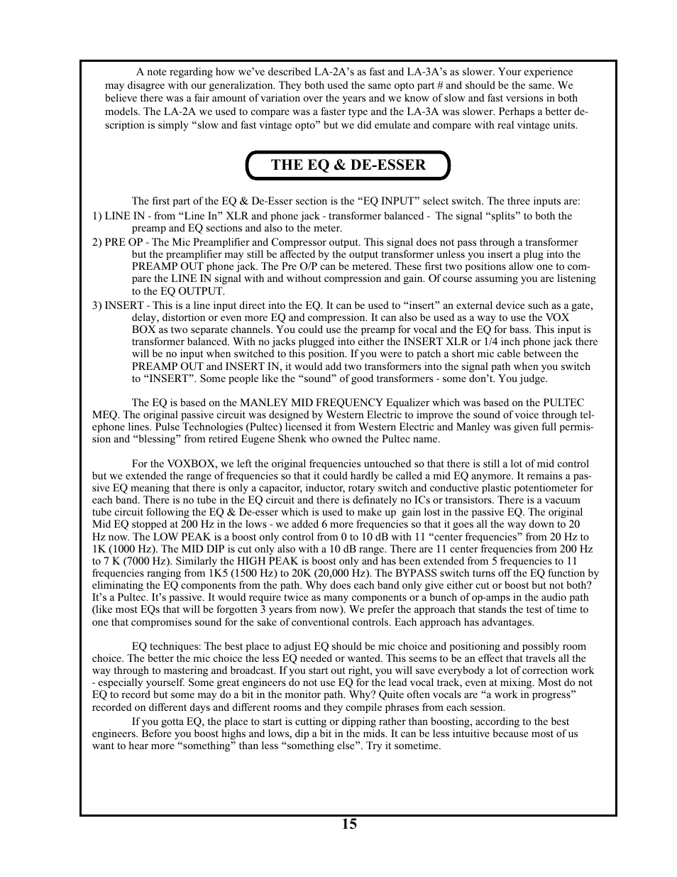 The eq & de-esser | Manley VOXBOX - MVBXA 4/2003 User Manual | Page 15 / 26
