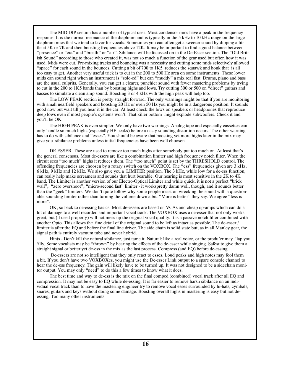 Manley VOXBOX - MVBXA 4/2003 User Manual | Page 16 / 26
