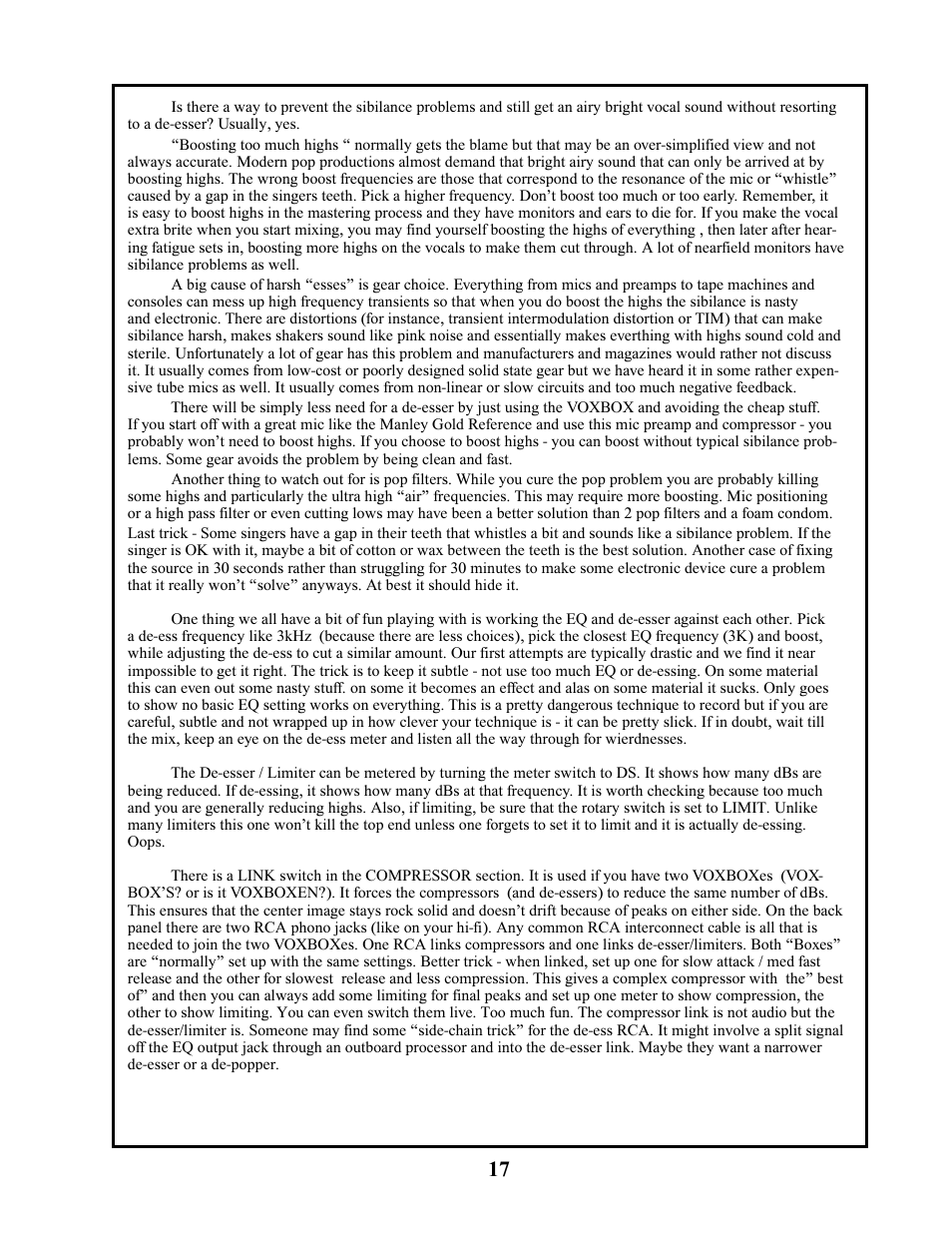 Manley VOXBOX - MVBXA 4/2003 User Manual | Page 17 / 26