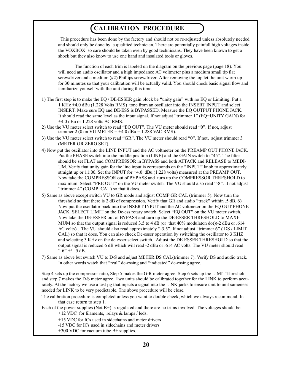 Calibration procedure | Manley VOXBOX - MVBXA 4/2003 User Manual | Page 20 / 26