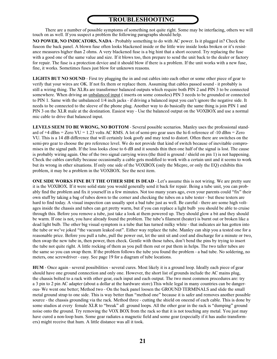 Troubleshooting | Manley VOXBOX - MVBXA 4/2003 User Manual | Page 21 / 26